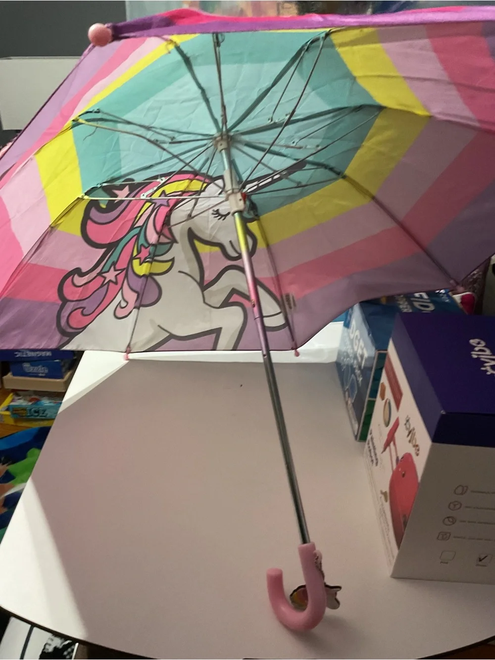 Kids Unicorn Rain Umbrella - Pink, Teal & Yellow